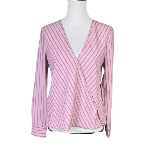 BCBGMAXAZRIA NWT Mauve Pink Monochrome Stripe Long Sleeve Hi Low Wrap Blouse - Picture 3 of 15